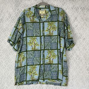 Vtg Hibiscus Hawaii Shirt Men Large Green Blue Tropical Palm Bamboo Resort Tiki